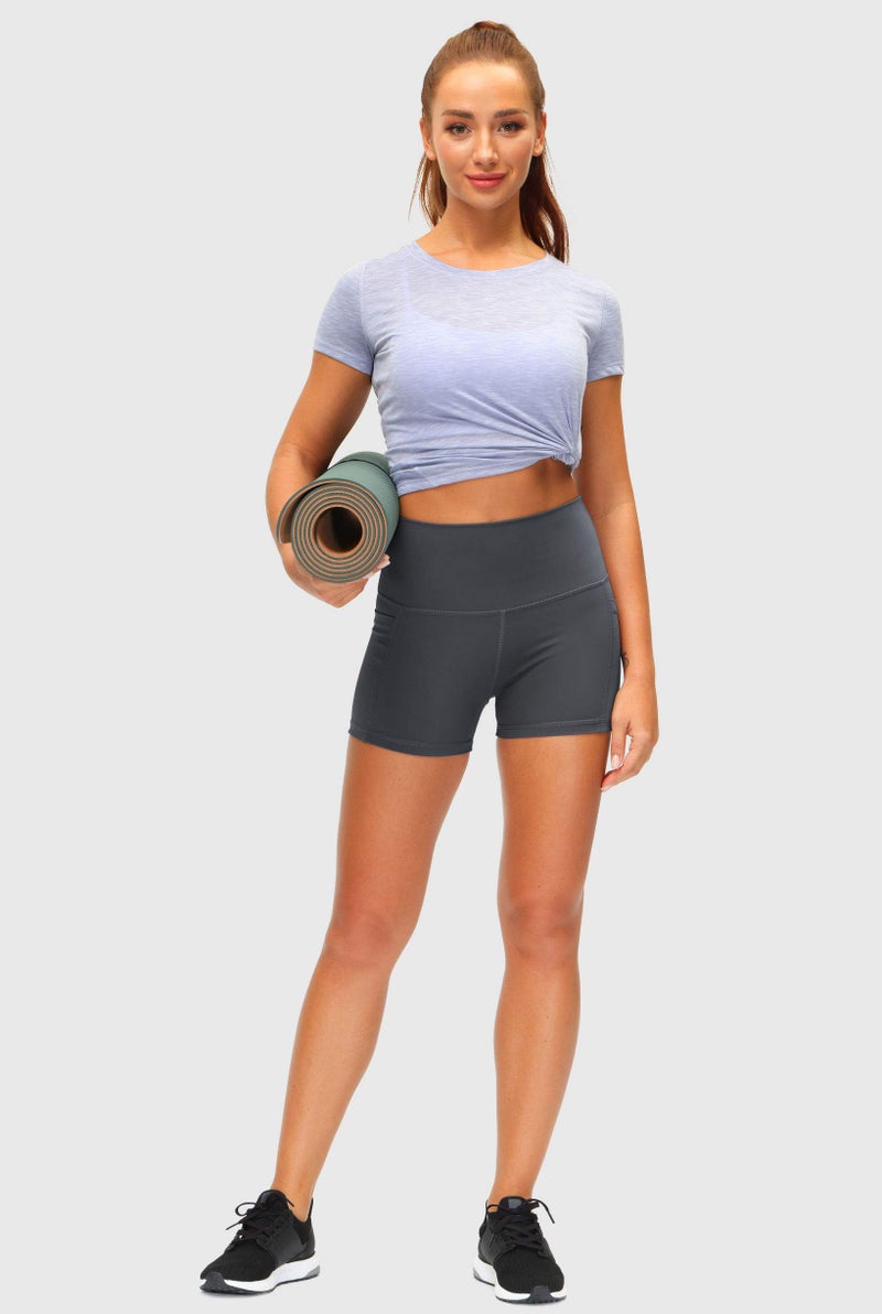 Soothfeel Women's High Waist Yoga Shorts with Side Pockets Tummy Control Running Gym Workout Biker Shorts for Women 8" /3"(3" Dark Grey, S) - Image 4